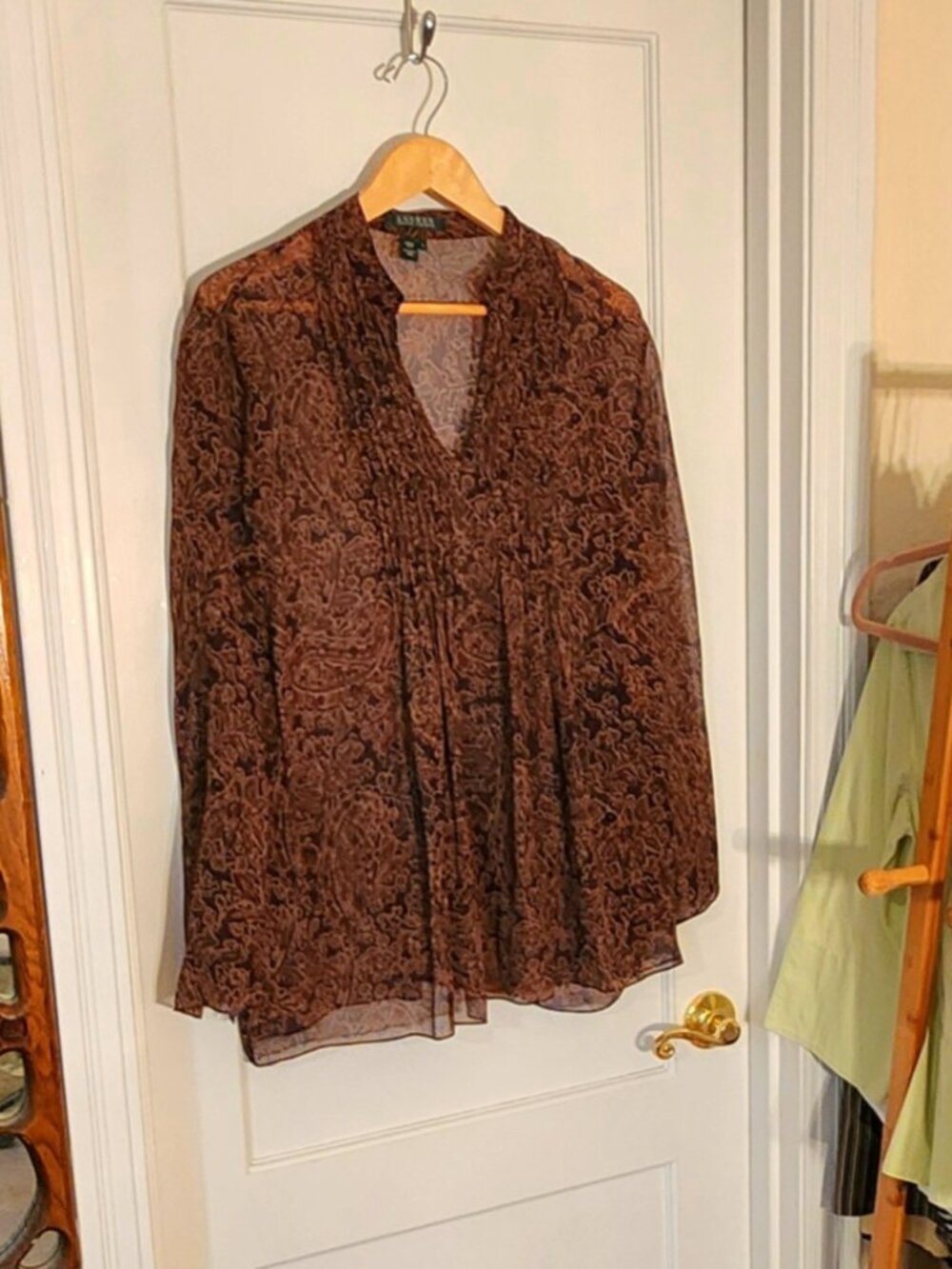 VTG Lauren Ralph Lauren Sheer Silk Paisley Long Pullover Blouse, XL
